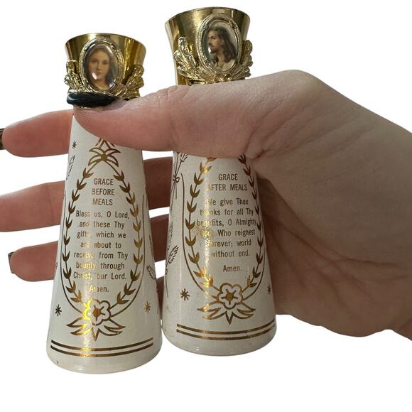 Vintage Religious White Gold Salt and Pepper Shakers Jesus Mary Grace - Picture 4 of 6